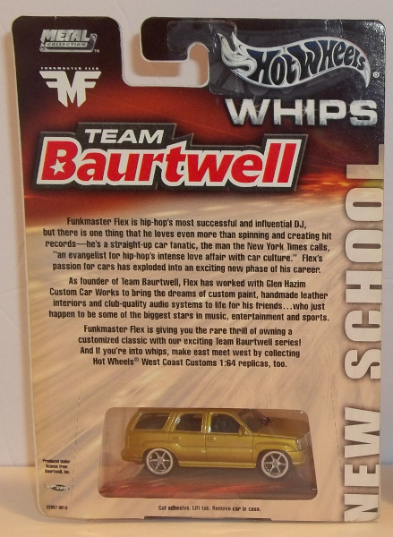 Hotwheels WHIPS Team Baurtwell gold Cadillac Escalades Ltd Edition - back of the INFO CARD