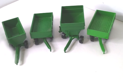 4 green garm trailers or wagons lined up (view from above)