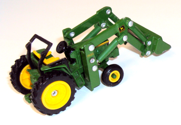 smaller John Deere forklift tractor with yellow seat by Ertl - 1:64 scale (right rear view)
