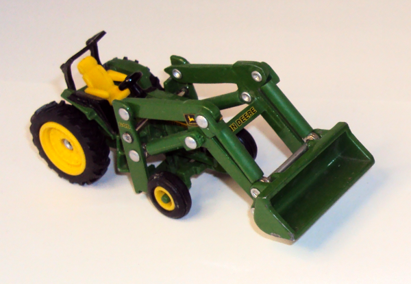 smaller John Deer forklift tractor with yellow seat by Ertl 1:64 scale (right side above)