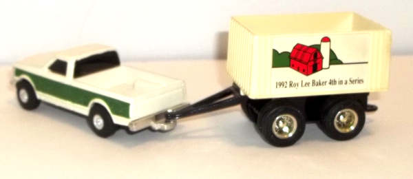 1992 Roy Lee Baker 4th in Series company wagon and beige/green pickup truck turning right